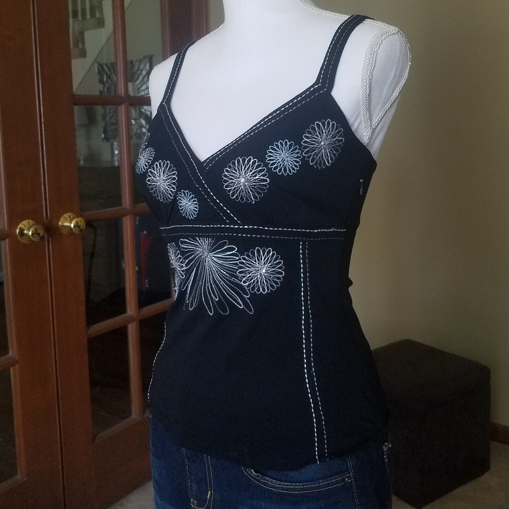 European Fashion OASIS Black Embroidered Mesh Strappy Top from London